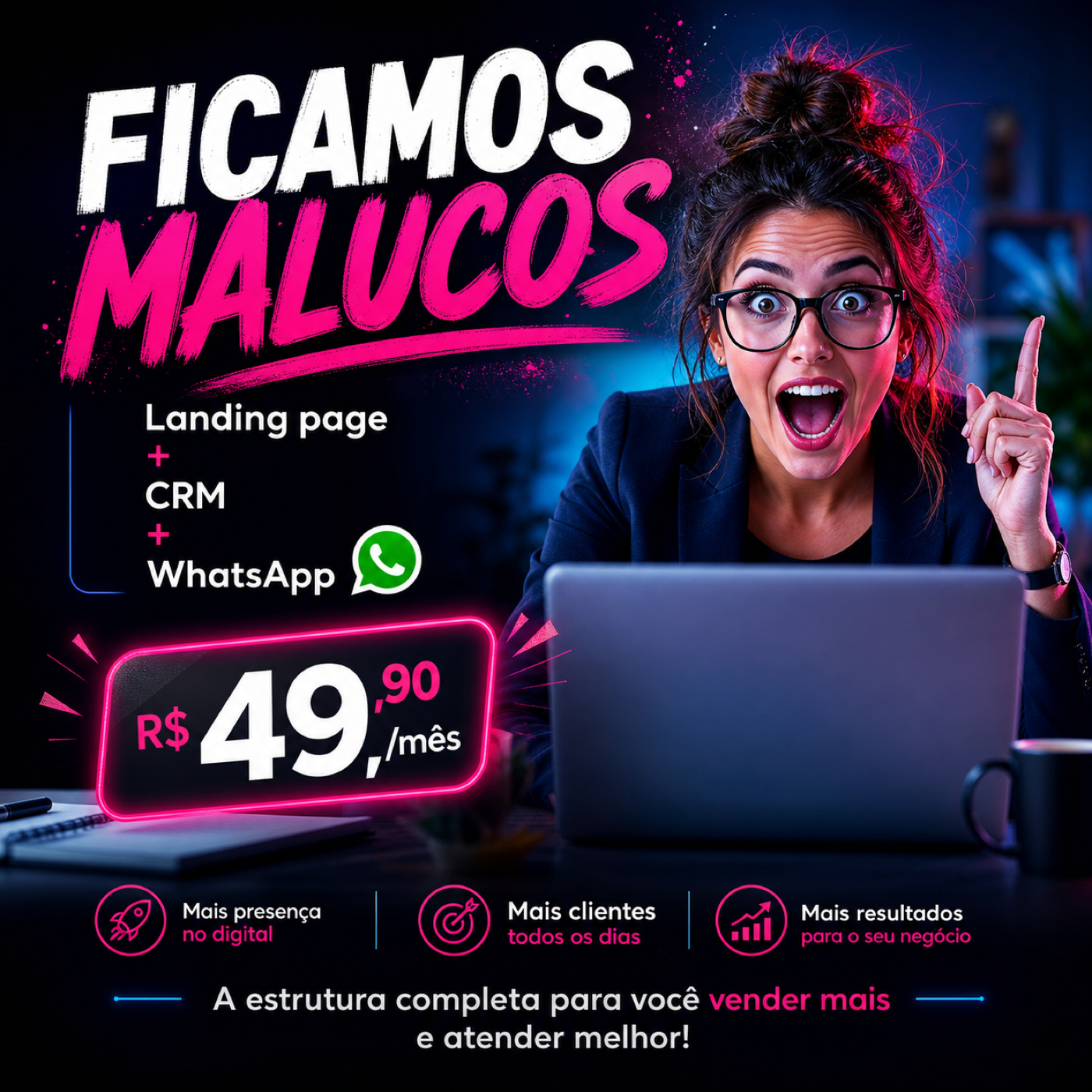 Ficamos malucos com os pacotes de landing page, CRM e WhatsApp